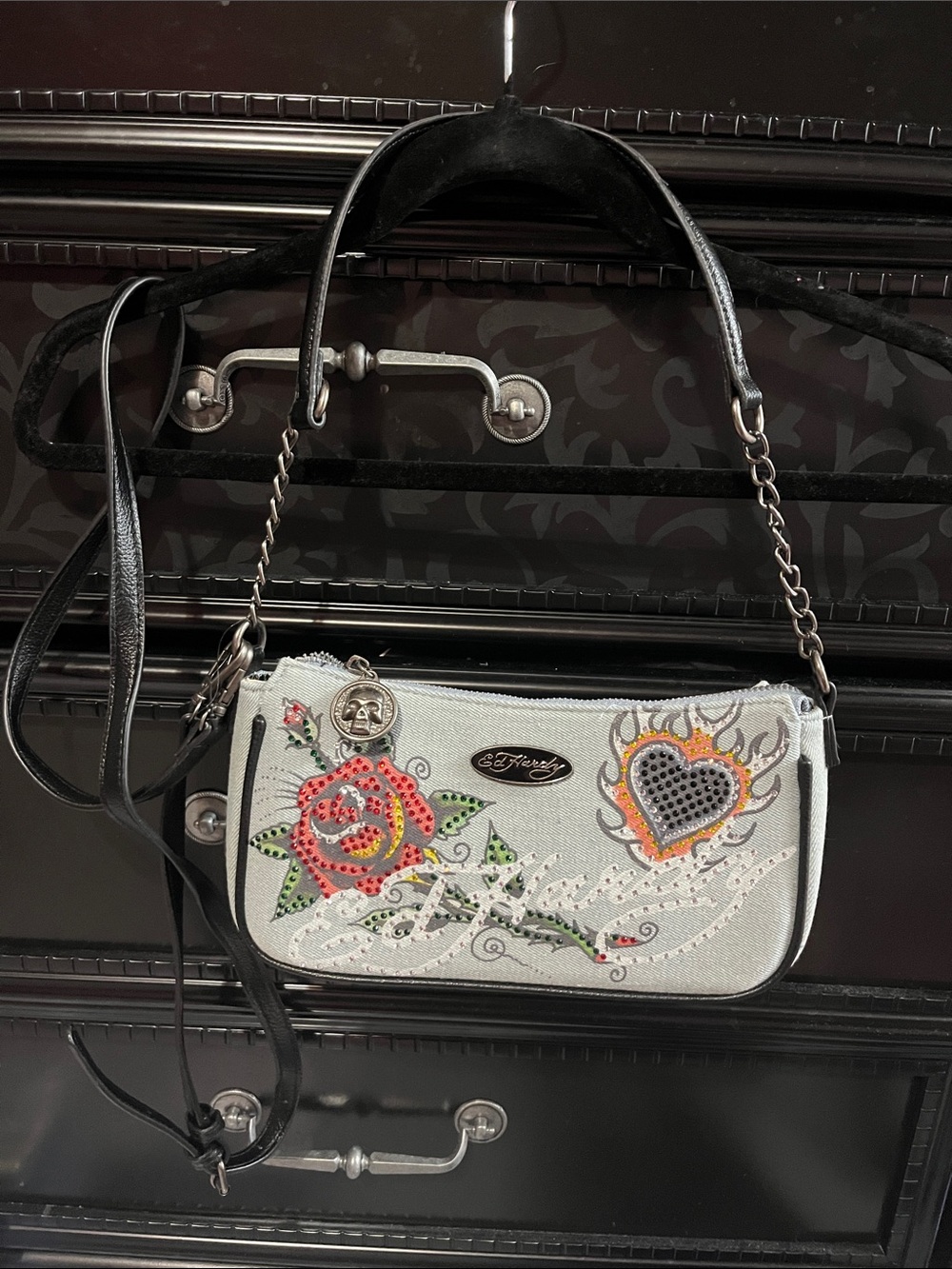 Ed Hardy White Mini Crossbody with Red Rose & Orange Heart Accents